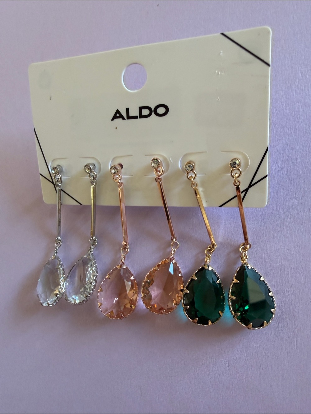 ALDO Teardrop Dangle Earrings in Clear, Pink & Emerald